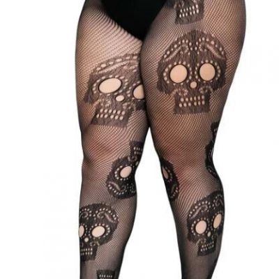 Plus Size Black Sugar Skull Gothic Fishnet Pantyhose Tights